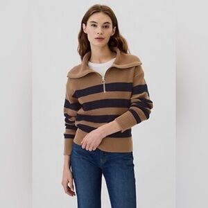 Gap Quarter Zip Oversized Kola Nut Striped 100% Cotton Pullover Sweater NWT L